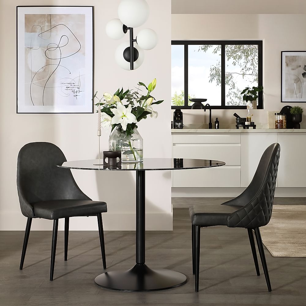 Orbit Round Dining Table & 2 Ricco Dining Chairs, Black Marble Effect & Black Steel, Vintage Grey Premium Faux Leather, 110cm