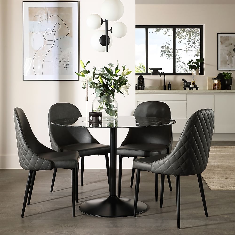 Orbit Round Dining Table & 4 Ricco Dining Chairs, Black Marble Effect & Black Steel, Vintage Grey Premium Faux Leather, 110cm