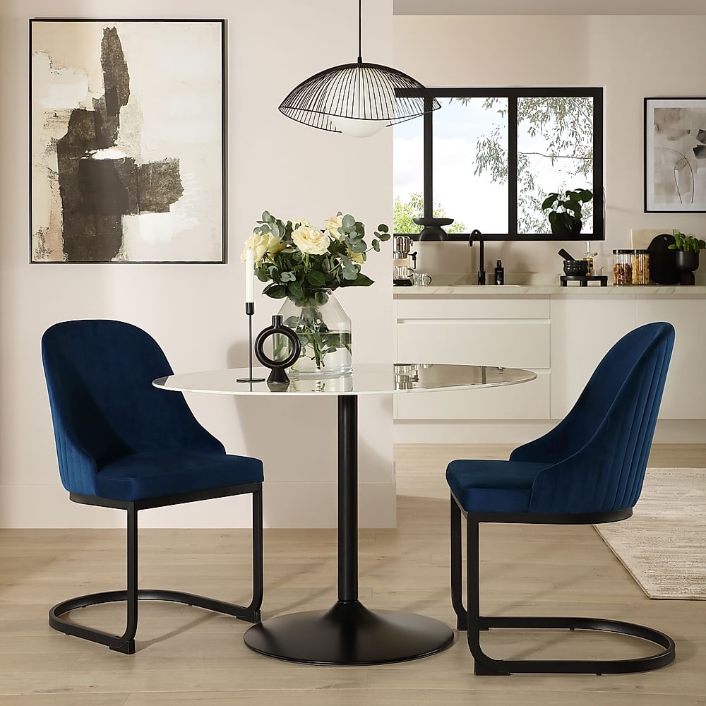 Orbit Round Dining Table & 2 Riva Dining Chairs, White Marble Effect & Black Steel, Blue Classic Velvet, 110cm