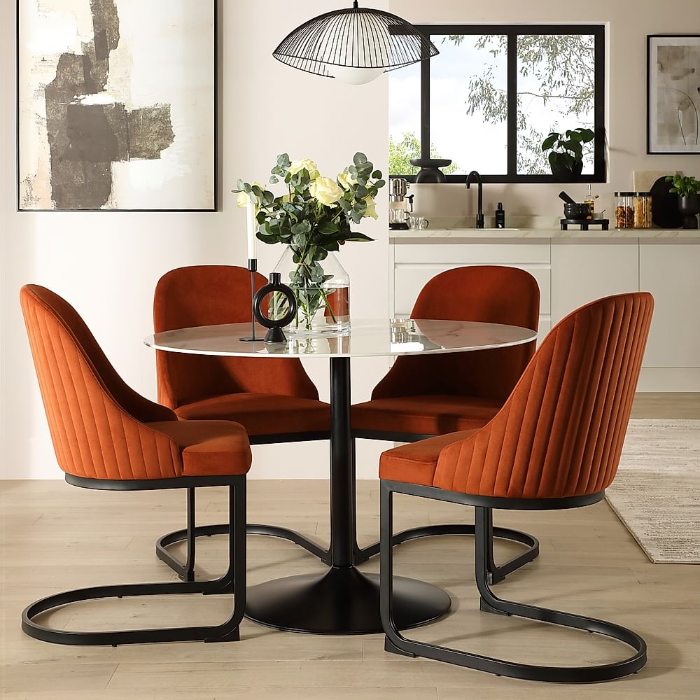 Orbit Round Dining Table & 4 Riva Dining Chairs, White Marble Effect & Black Steel, Burnt Orange Classic Velvet, 110cm