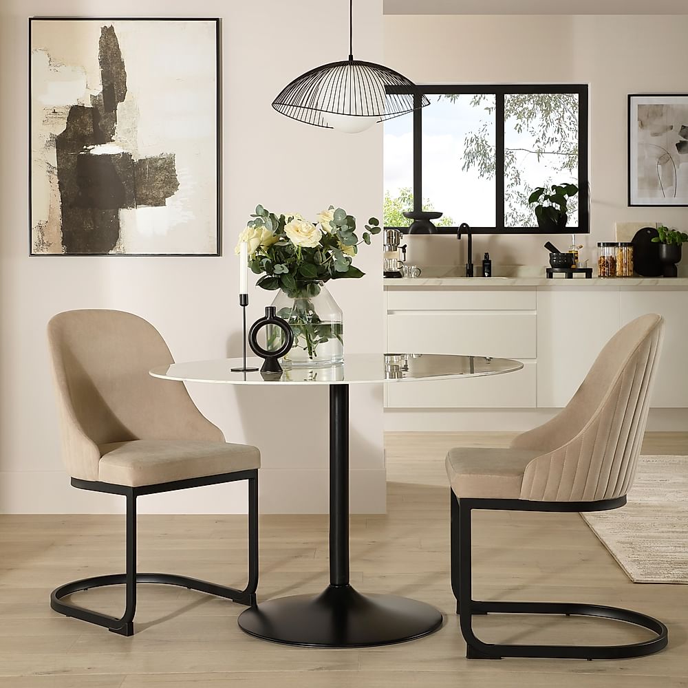 Orbit Round Dining Table & 2 Riva Dining Chairs, White Marble Effect & Black Steel, Champagne Classic Velvet, 110cm