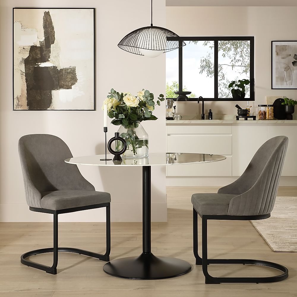Orbit Round Dining Table & 2 Riva Dining Chairs, White Marble Effect & Black Steel, Grey Classic Velvet, 110cm
