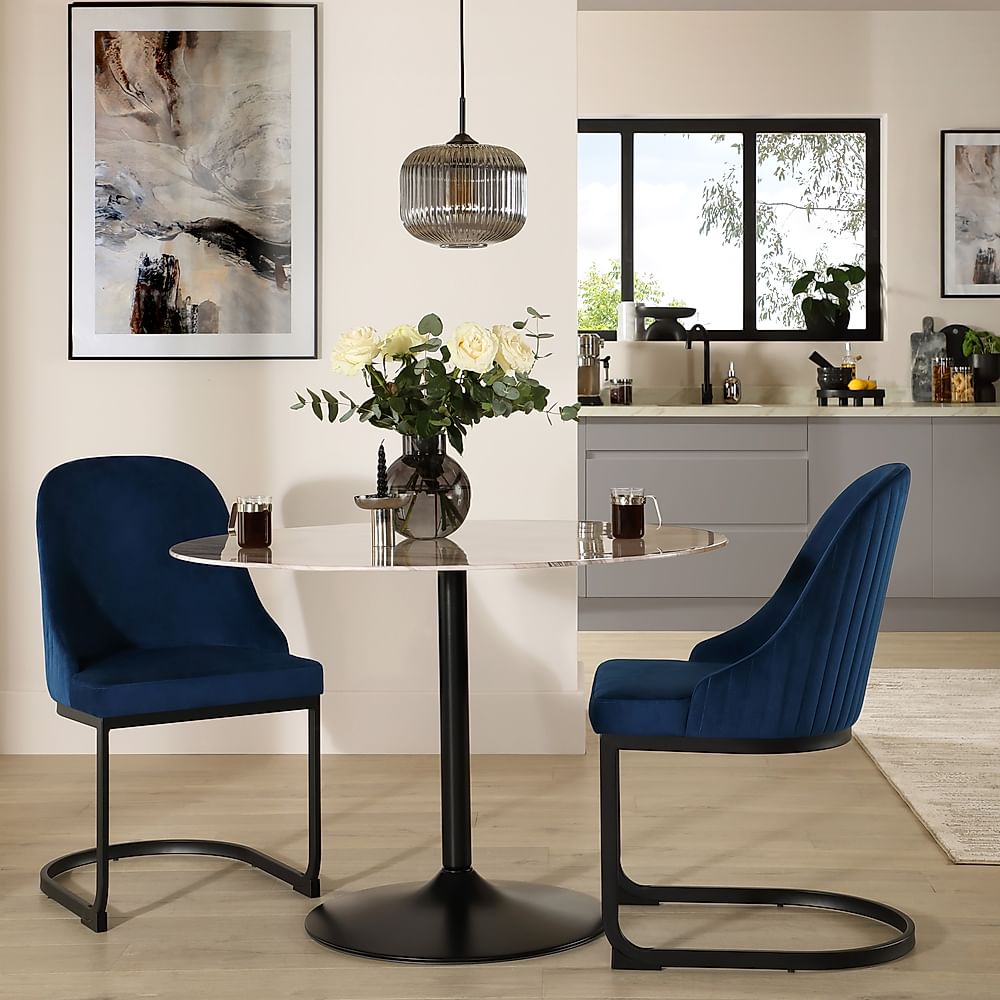 Orbit Round Dining Table & 2 Riva Dining Chairs, Grey Marble Effect & Black Steel, Blue Classic Velvet, 110cm
