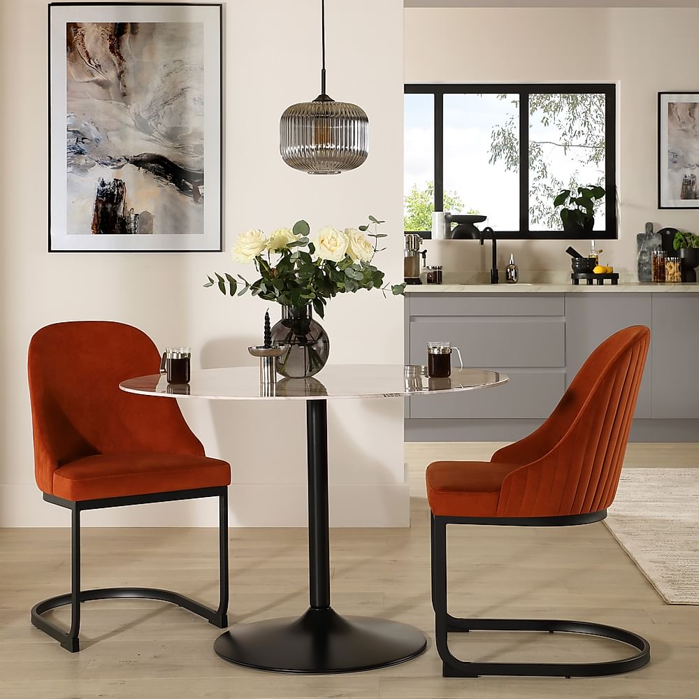 Orbit Round Dining Table & 2 Riva Dining Chairs, Grey Marble Effect & Black Steel, Burnt Orange Classic Velvet, 110cm