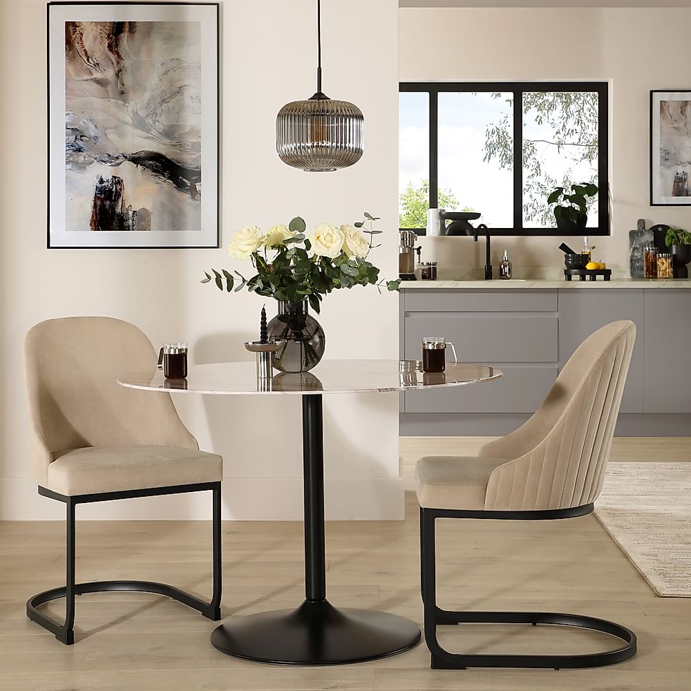 Orbit Round Dining Table & 2 Riva Dining Chairs, Grey Marble Effect & Black Steel, Champagne Classic Velvet, 110cm