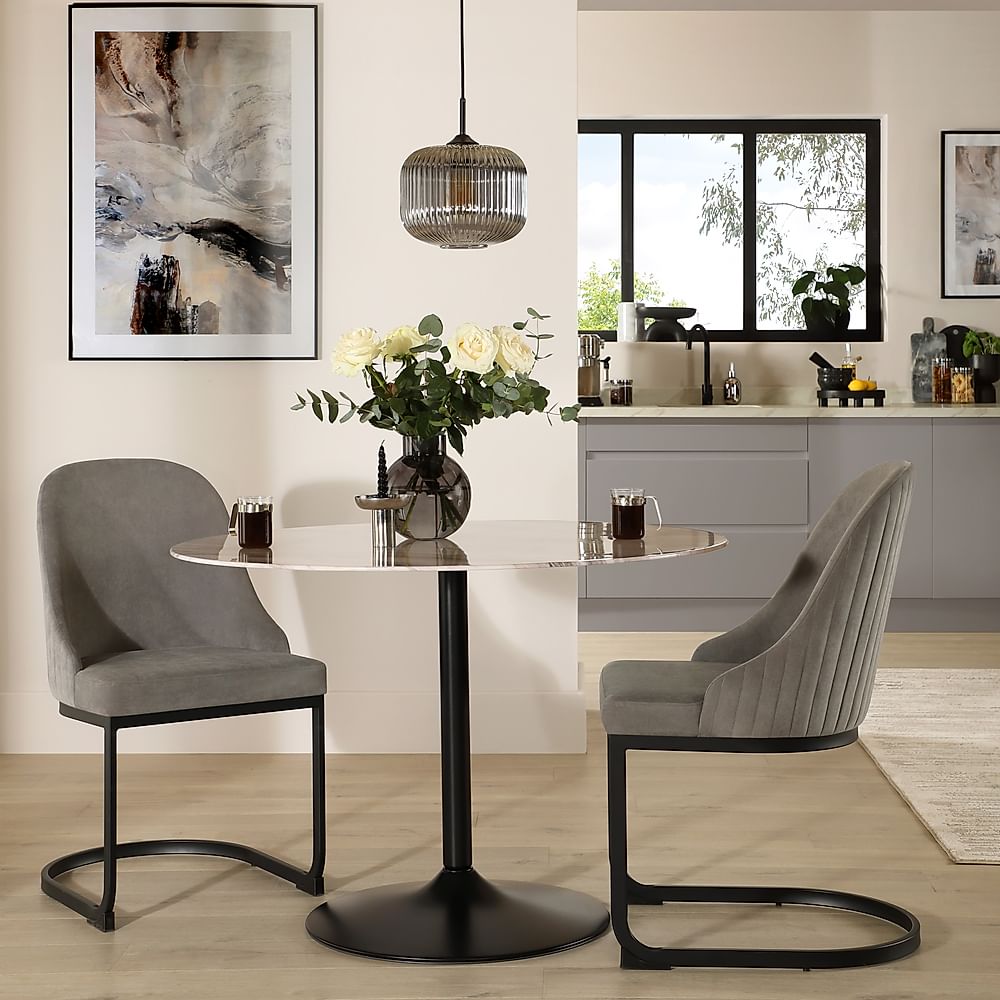 Orbit Round Dining Table & 2 Riva Dining Chairs, Grey Marble Effect & Black Steel, Grey Classic Velvet, 110cm