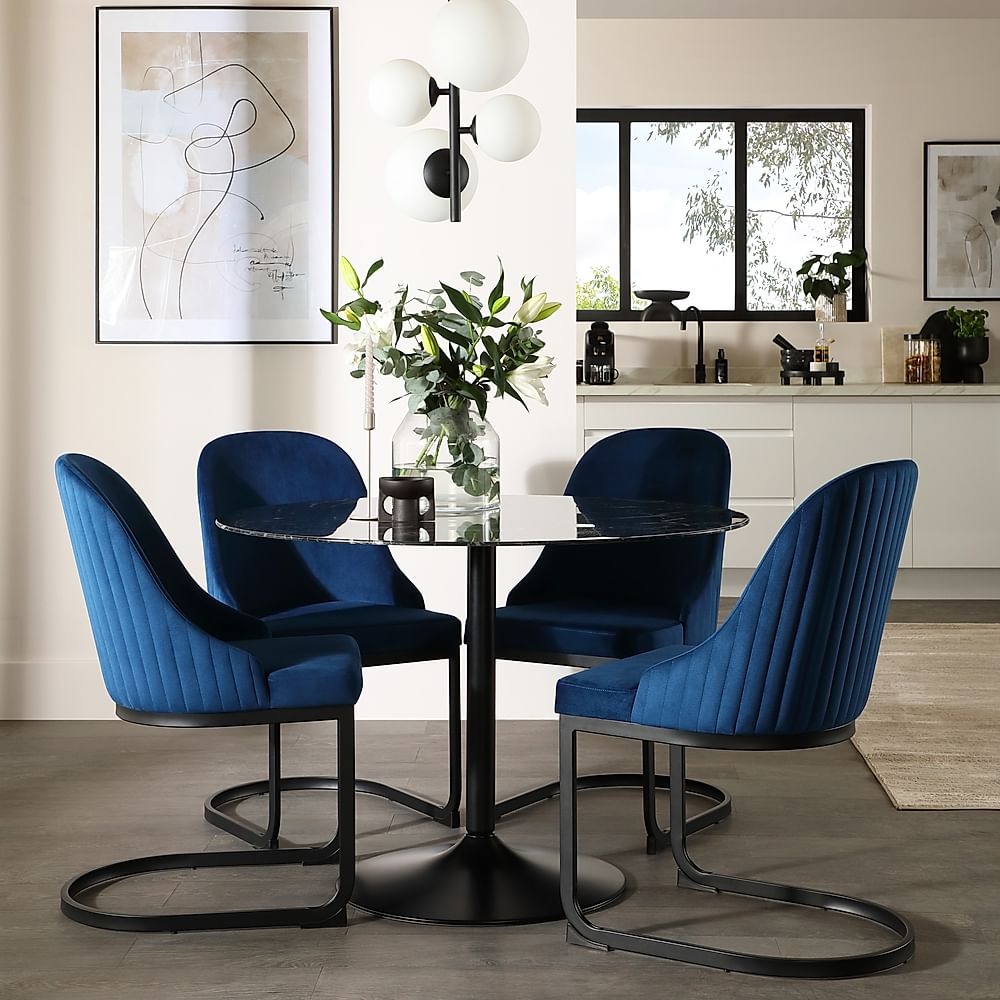 Orbit Round Dining Table & 4 Riva Dining Chairs, Black Marble Effect & Black Steel, Blue Classic Velvet, 110cm