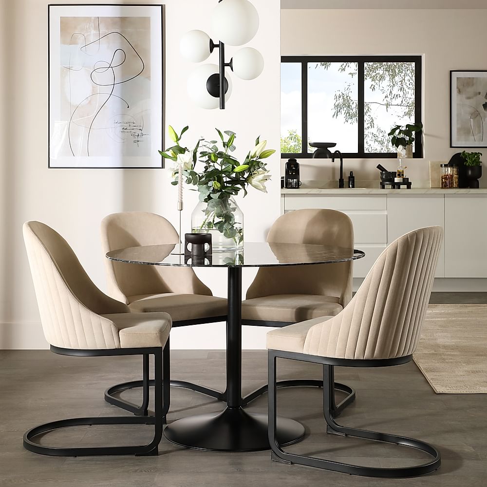 Orbit Round Dining Table & 4 Riva Dining Chairs, Black Marble Effect & Black Steel, Champagne Classic Velvet, 110cm