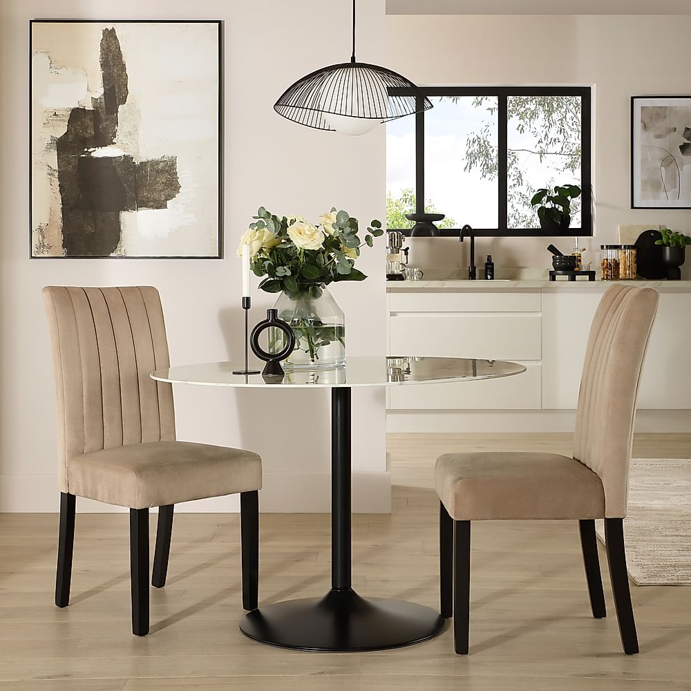 Orbit Round Dining Table & 2 Salisbury Dining Chairs, White Marble Effect & Black Steel, Champagne Classic Velvet & Black Solid Hardwood, 110cm