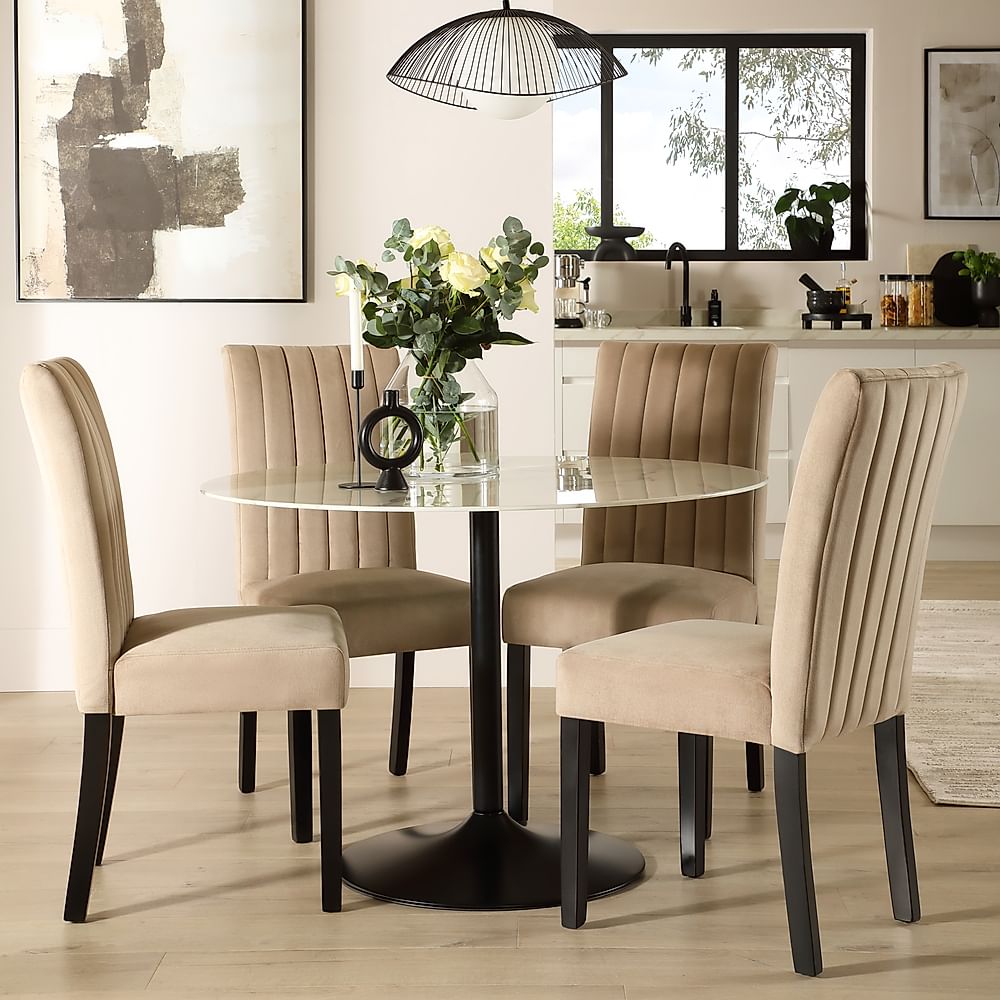 Orbit Round Dining Table & 4 Salisbury Dining Chairs, White Marble Effect & Black Steel, Champagne Classic Velvet & Black Solid Hardwood, 110cm