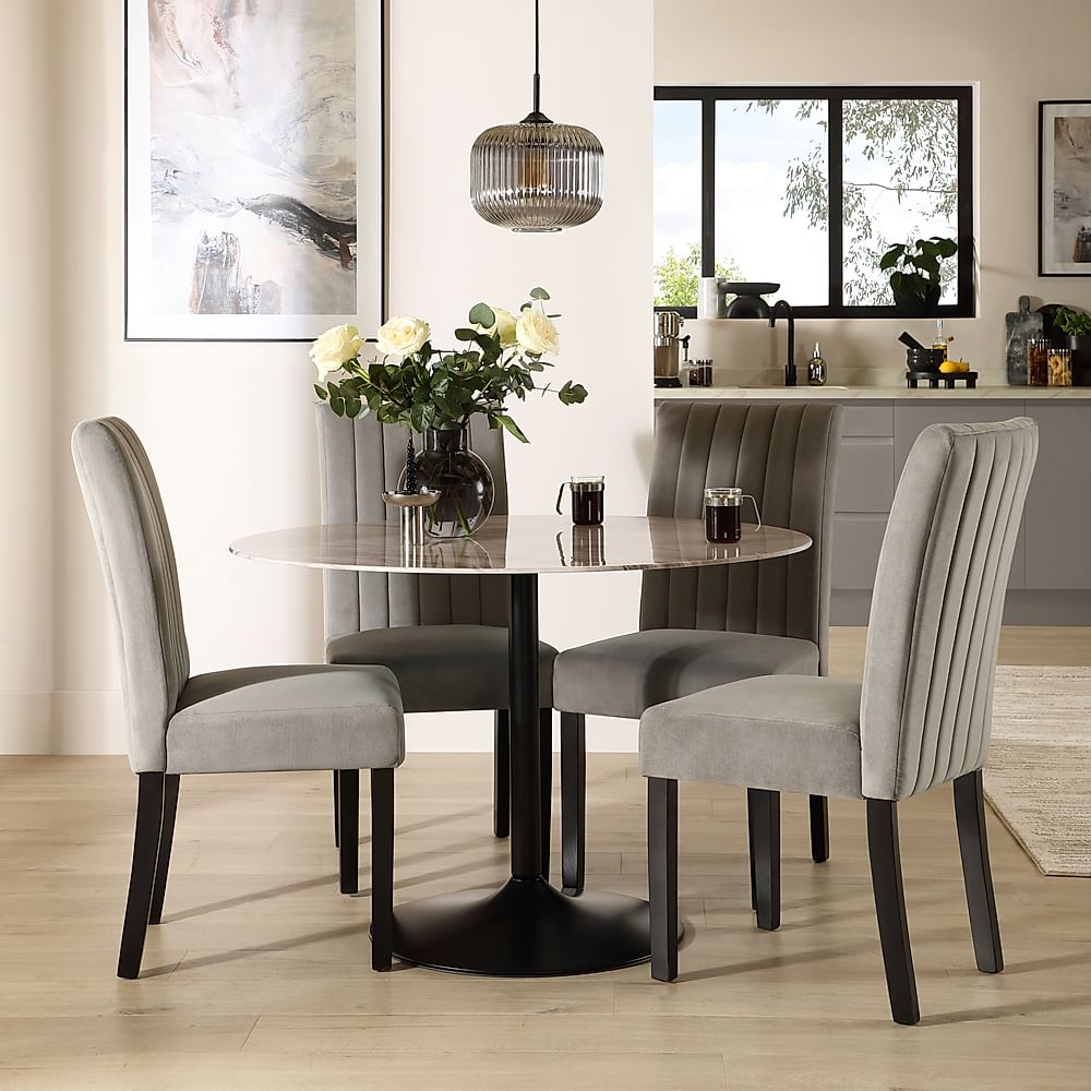 Orbit Round Dining Table & 4 Salisbury Dining Chairs, Grey Marble Effect & Black Steel, Grey Classic Velvet & Black Solid Hardwood, 110cm