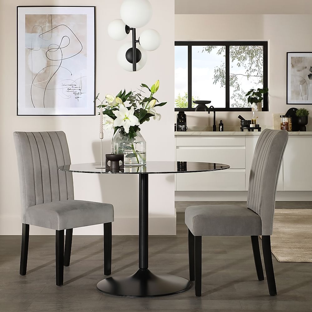 Orbit Round Dining Table & 2 Salisbury Dining Chairs, Black Marble Effect & Black Steel, Grey Classic Velvet & Black Solid Hardwood, 110cm