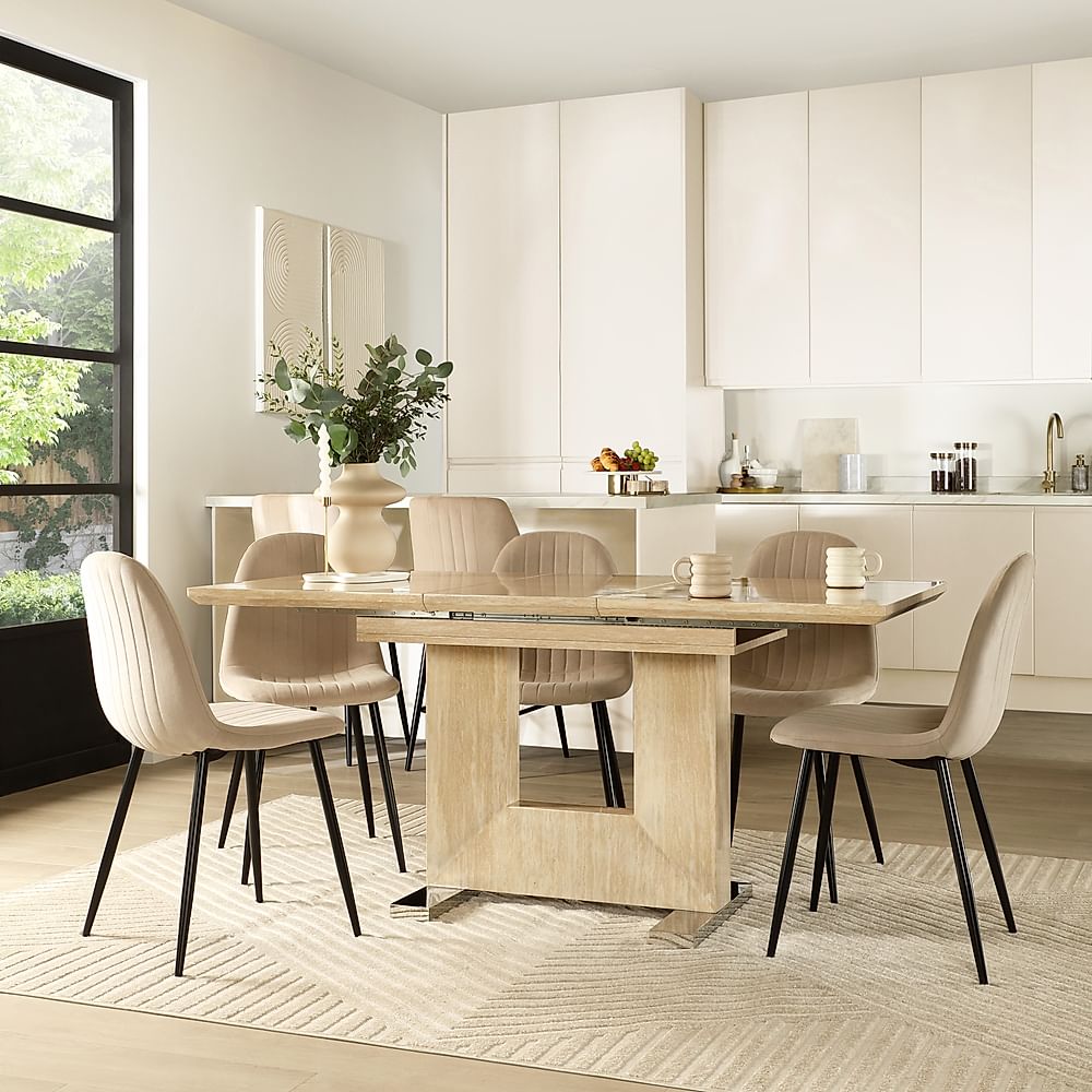 Florence Extending Dining Table & 6 Brooklyn Chairs, Travertine Stone Effect, Champagne Classic Velvet & Black Steel, 120-160cm