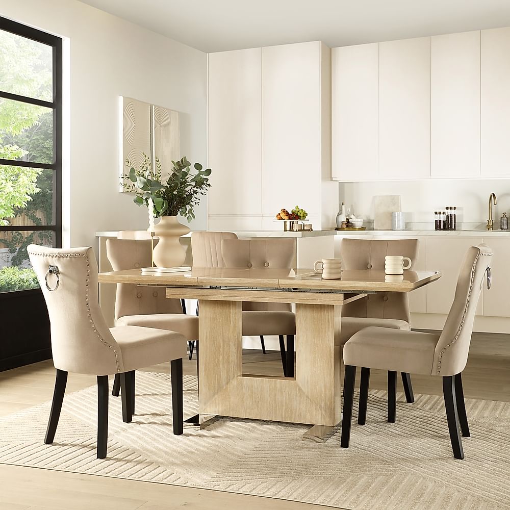 Florence Extending Dining Table & 4 Kensington Chairs, Travertine Stone Effect, Champagne Classic Velvet & Black Solid Hardwood, 120-160cm