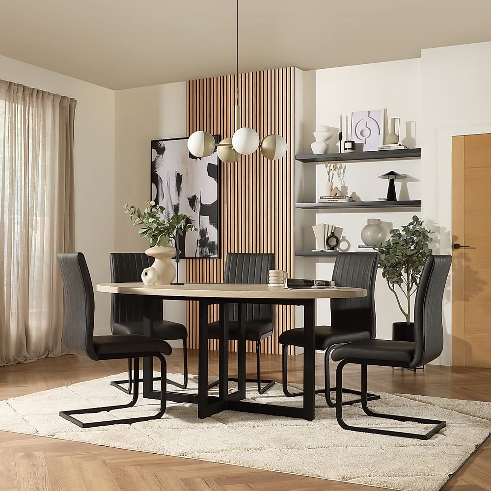 Newbury Oval Table & 4 Perth Chairs, Light Oak Effect, Vintage Grey Classic Faux Leather & Black Steel, 180cm