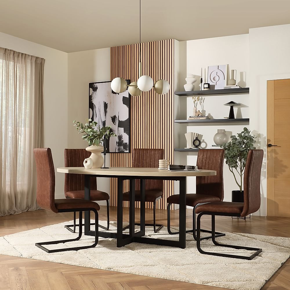 Newbury Oval Table & 6 Perth Chairs, Light Oak Effect, Tan Classic Faux Leather & Black Steel, 180cm