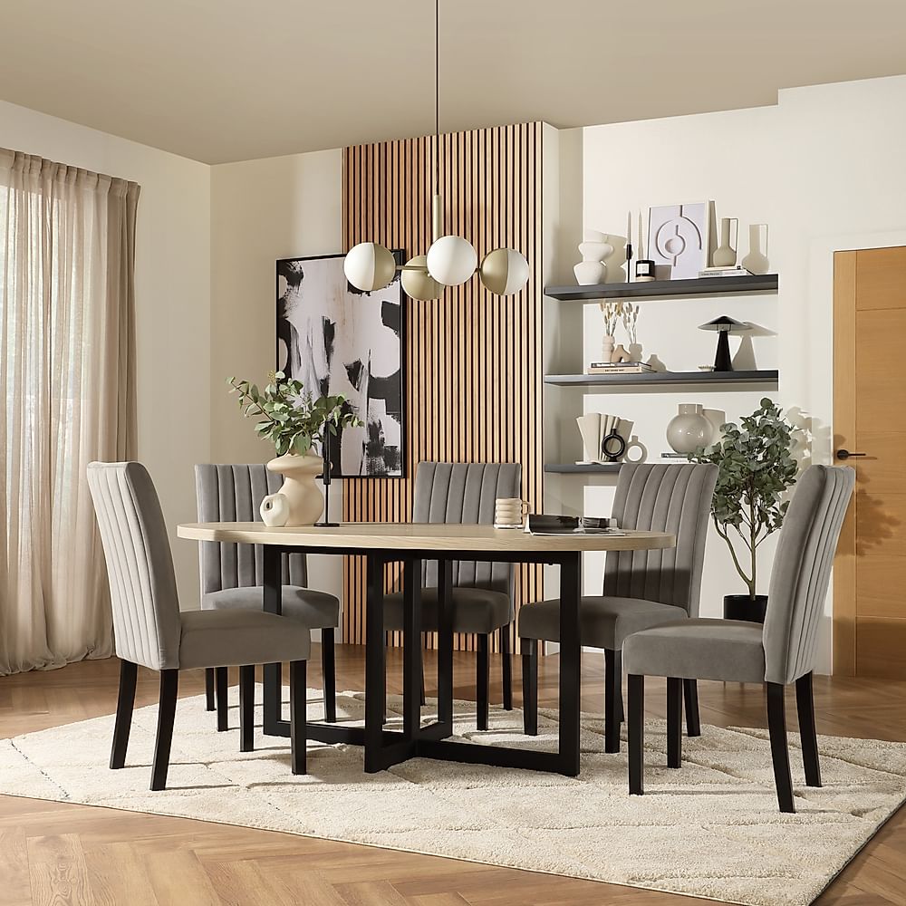Newbury Oval Table & 4 Salisbury Chairs, Light Oak Effect, Grey Classic Velvet & Black Solid Hardwood, 180cm