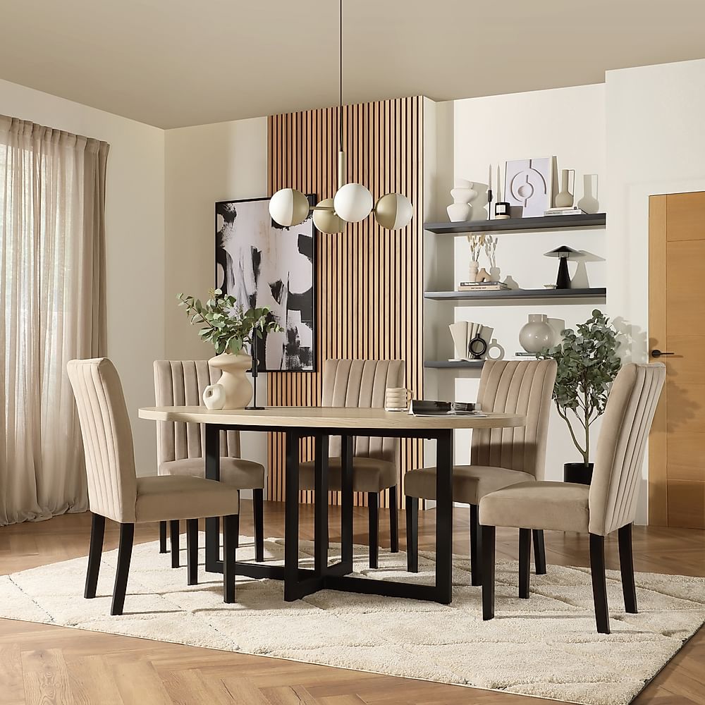Newbury Oval Table & 6 Salisbury Chairs, Light Oak Effect, Champagne Classic Velvet & Black Solid Hardwood, 180cm