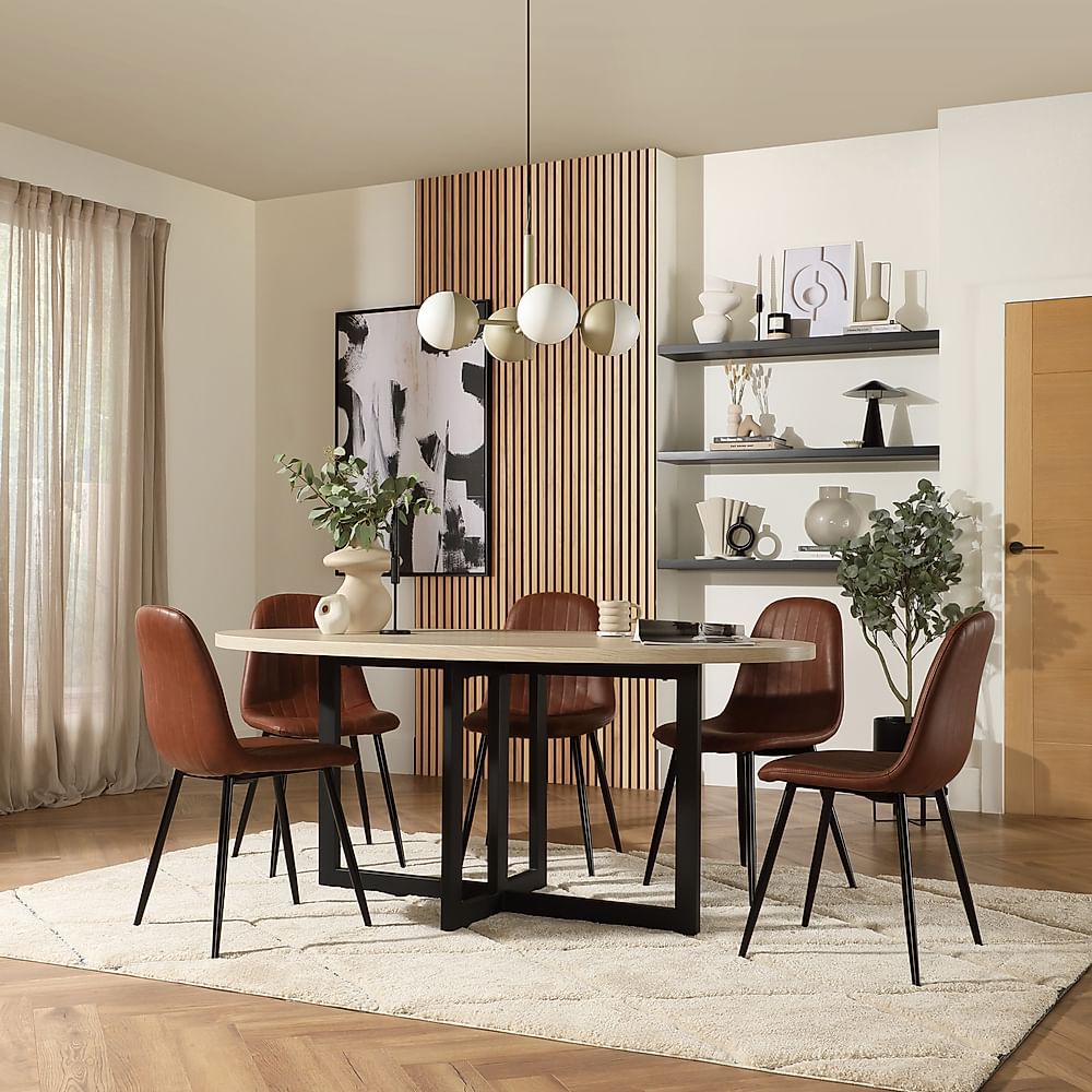 Newbury Oval Table & 4 Brooklyn Chairs, Light Oak Effect, Tan Classic Faux Leather & Black Steel, 180cm