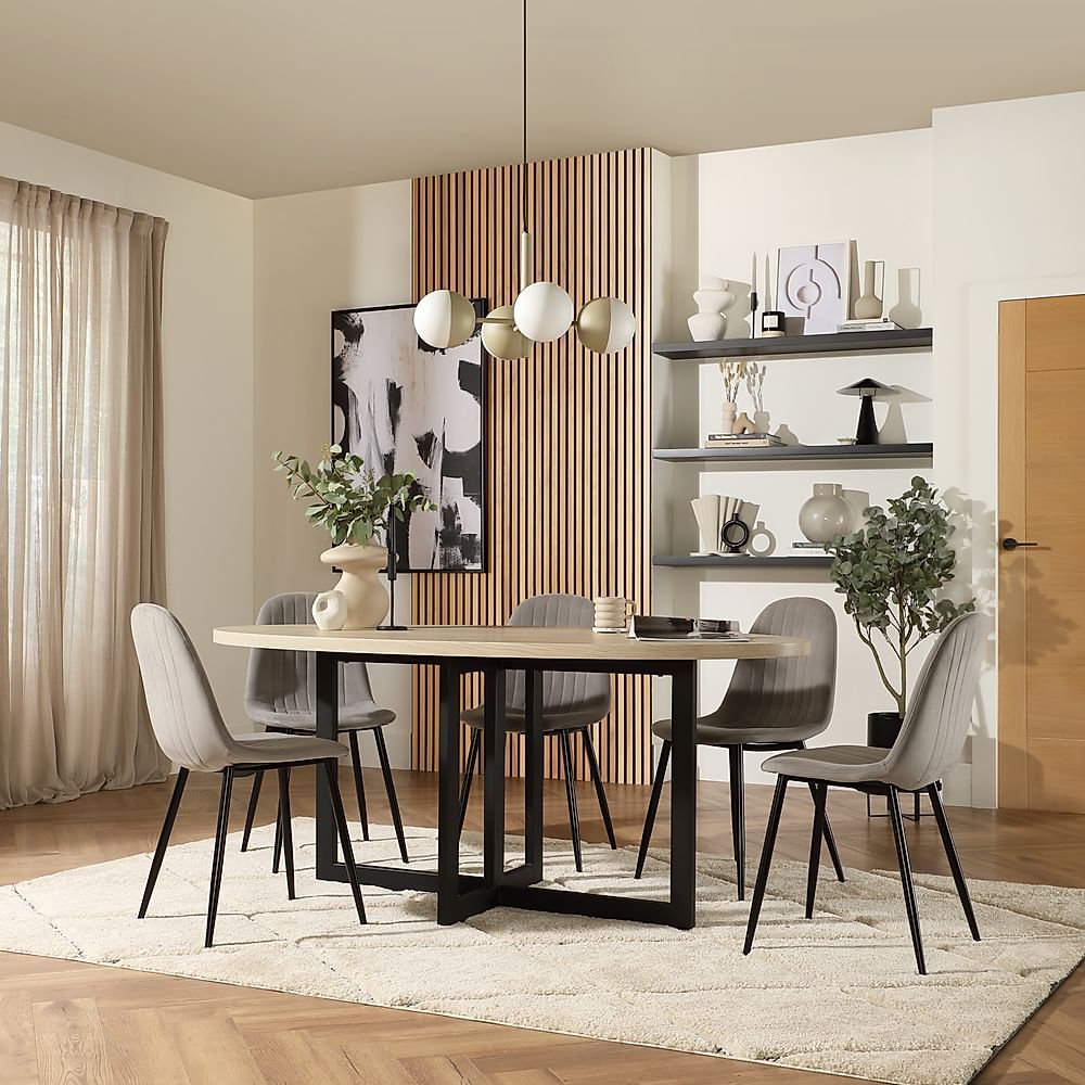 Newbury Oval Table & 6 Brooklyn Chairs, Light Oak Effect, Grey Classic Velvet & Black Steel, 180cm