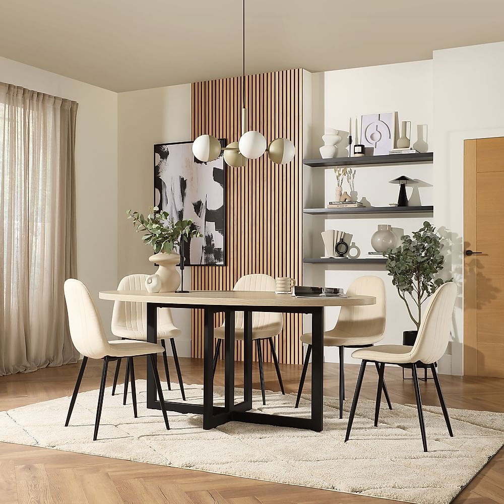 Newbury Oval Table & 4 Brooklyn Chairs, Light Oak Effect, Ivory Classic Plush Fabric & Black Steel, 180cm