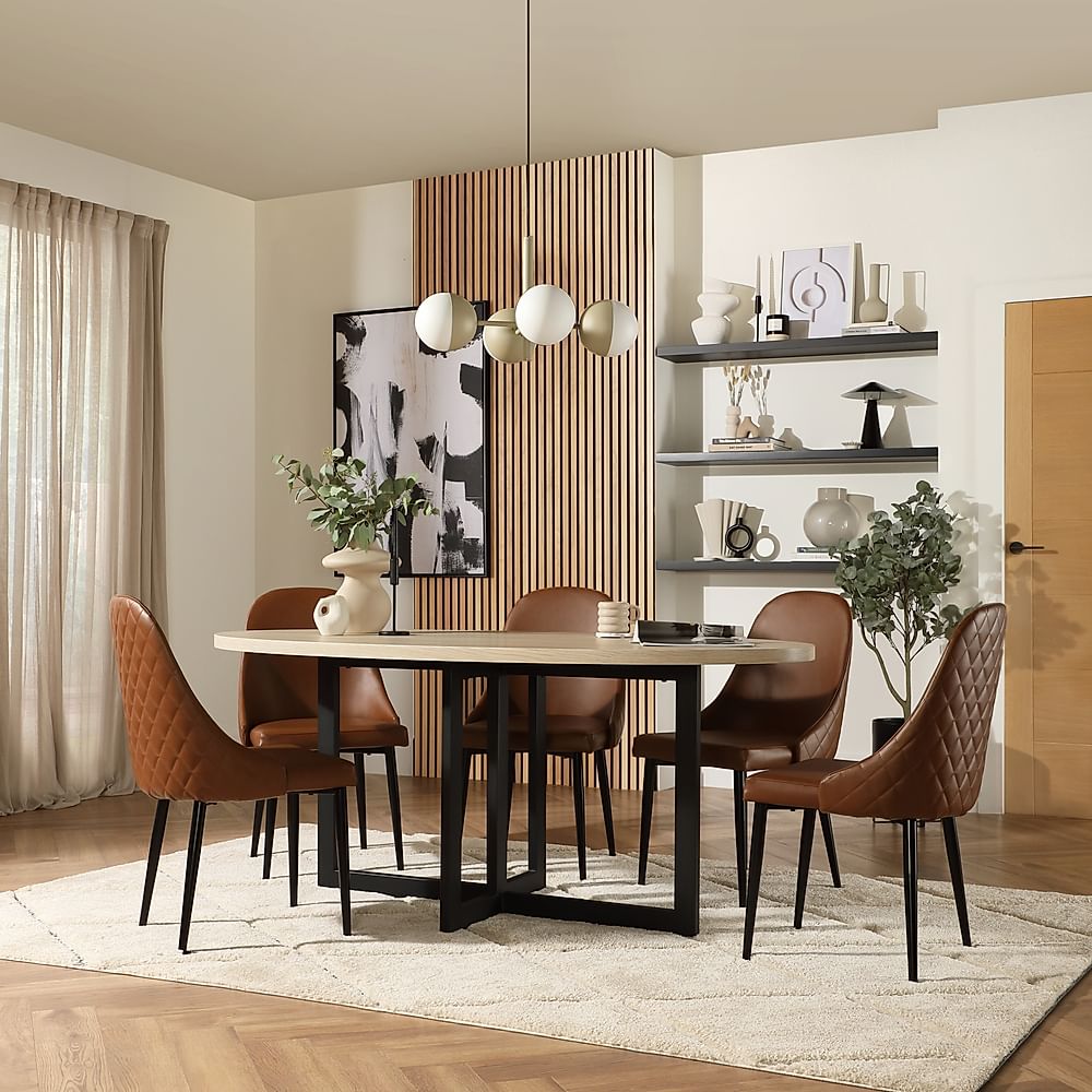 Newbury Oval Table & 6 Ricco Chairs, Light Oak Effect, Tan Premium Faux Leather & Black Steel, 180cm