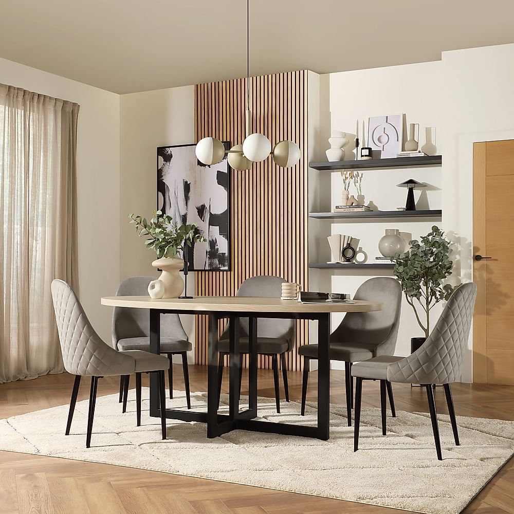 Newbury Oval Table & 6 Ricco Chairs, Light Oak Effect, Grey Classic Velvet & Black Steel, 180cm