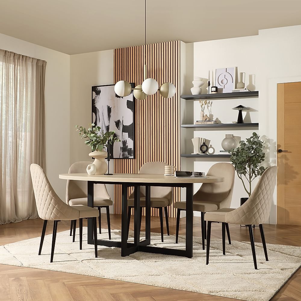 Newbury Oval Table & 6 Ricco Chairs, Light Oak Effect, Champagne Classic Velvet & Black Steel, 180cm