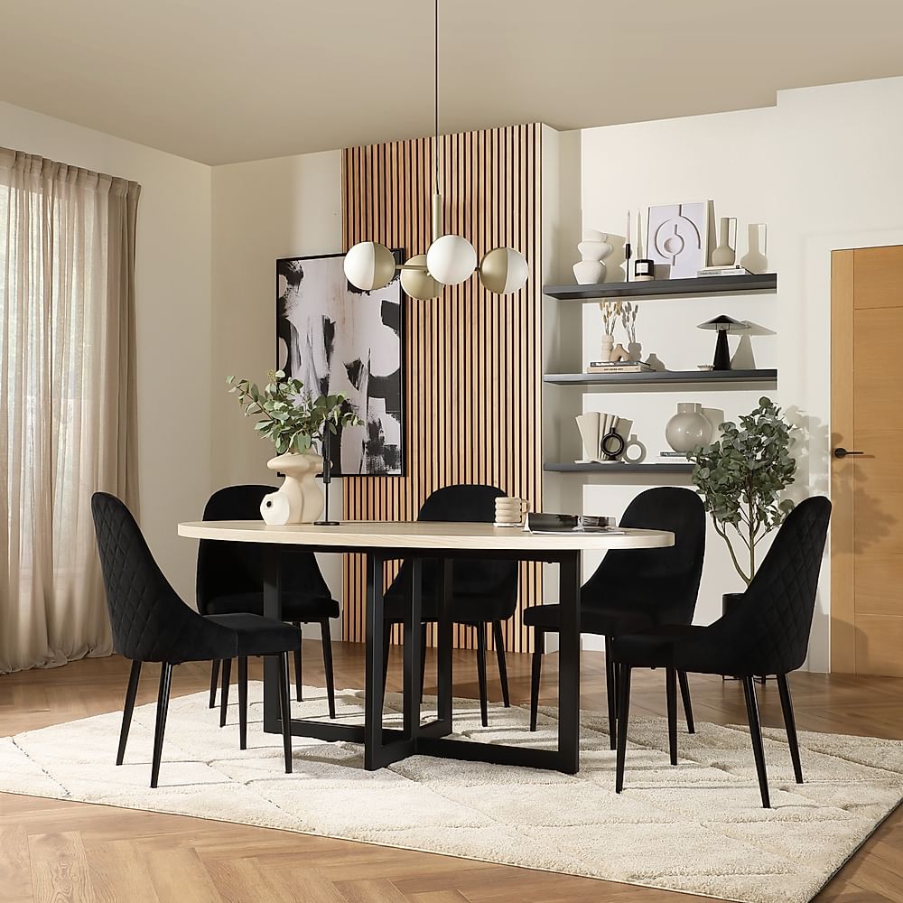 Newbury Oval Table & 4 Ricco Chairs, Light Oak Effect, Black Classic Velvet & Black Steel, 180cm