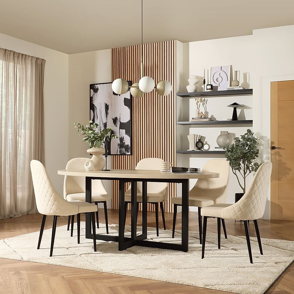 Newbury Oval Table & 6 Ricco Chairs, Light Oak Effect, Ivory Classic Plush Fabric & Black Steel, 180cm