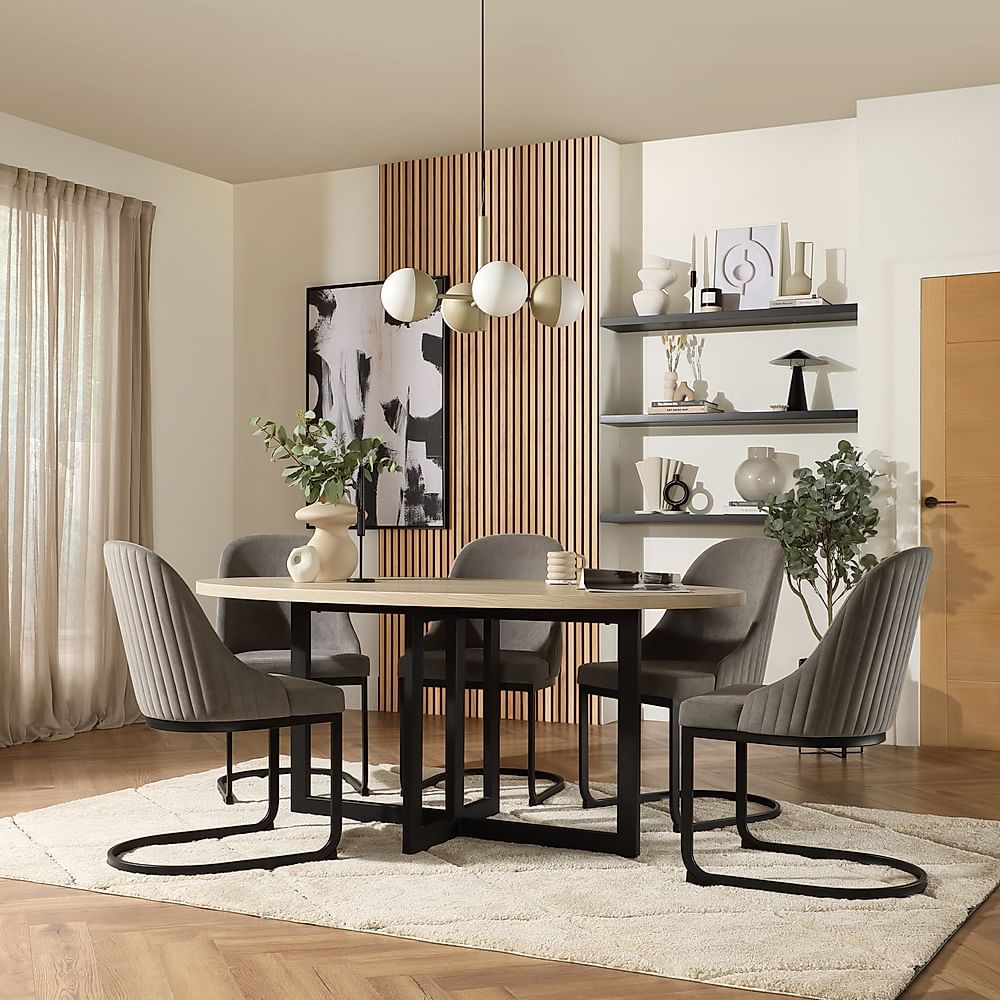Newbury Oval Table & 4 Riva Chairs, Light Oak Effect, Grey Classic Velvet & Black Steel, 180cm