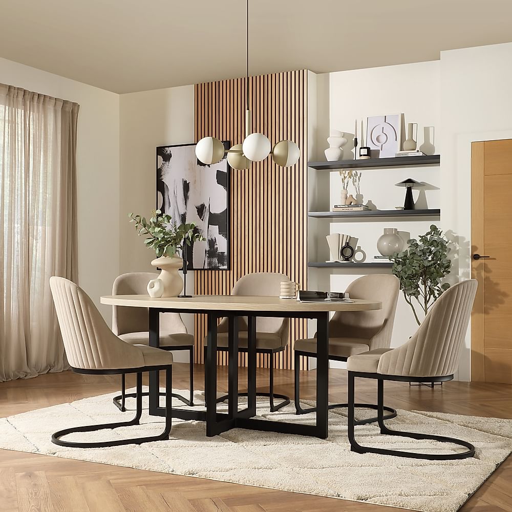 Newbury Oval Table & 4 Riva Chairs, Light Oak Effect, Champagne Classic Velvet & Black Steel, 180cm