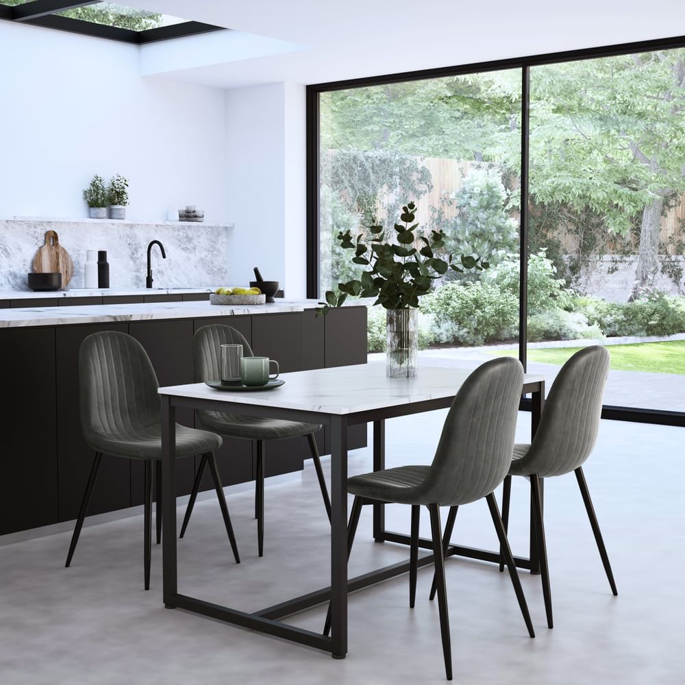 Avenue Dining Table & 4 Brooklyn Chairs, White Marble Effect & Black Steel, Vintage Grey Classic Faux Leather, 120cm