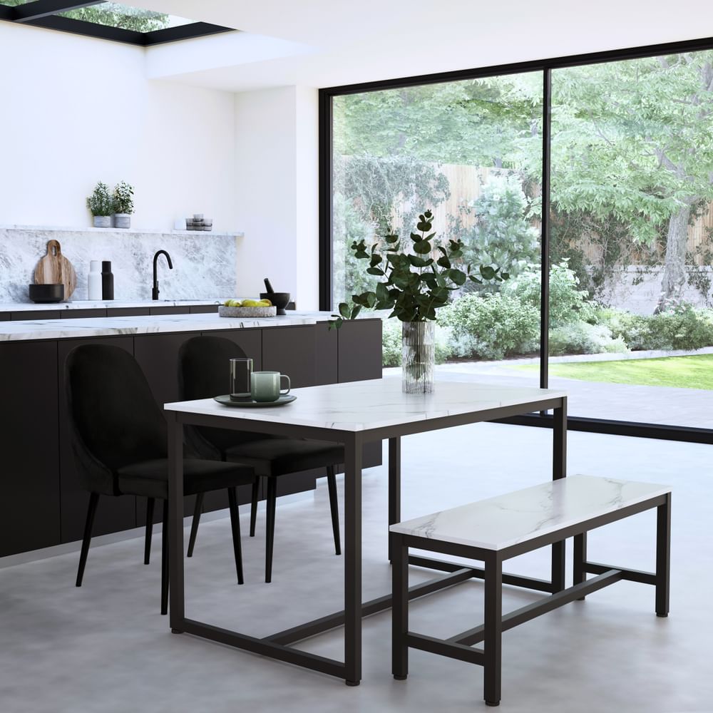 Avenue Dining Table, Bench & 2 Ricco Chairs, White Marble Effect & Black Steel, Black Classic Velvet, 120cm
