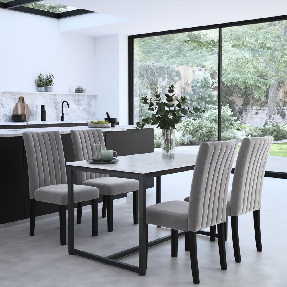 Avenue Dining Table & 4 Salisbury Chairs, White Marble Effect & Black Steel, Grey Classic Velvet & Black Solid Hardwood, 120cm