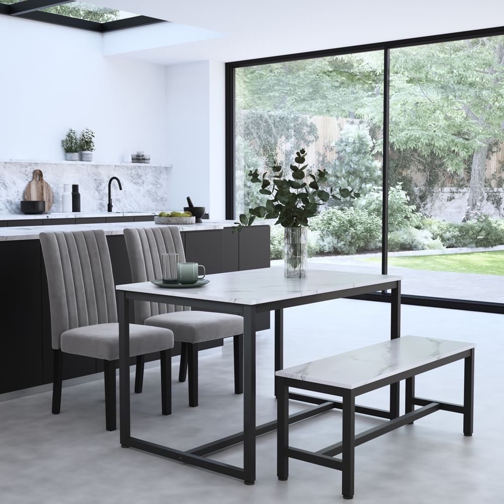 Avenue Dining Table, Bench & 2 Salisbury Chairs, White Marble Effect & Black Steel, Grey Classic Velvet, Black Solid Hardwood, 120cm