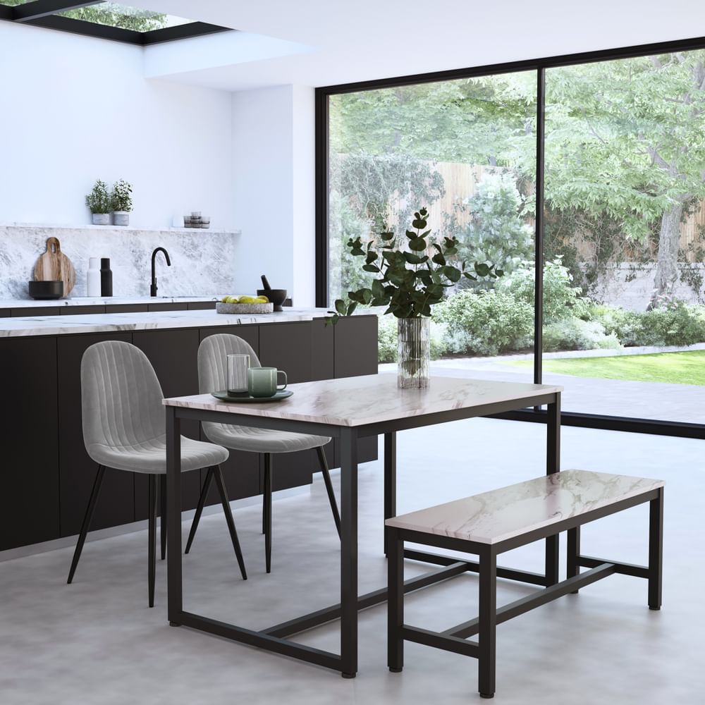 Avenue Dining Table, Bench & 2 Brooklyn Chairs, Grey Marble Effect & Black Steel, Grey Classic Velvet, 120cm