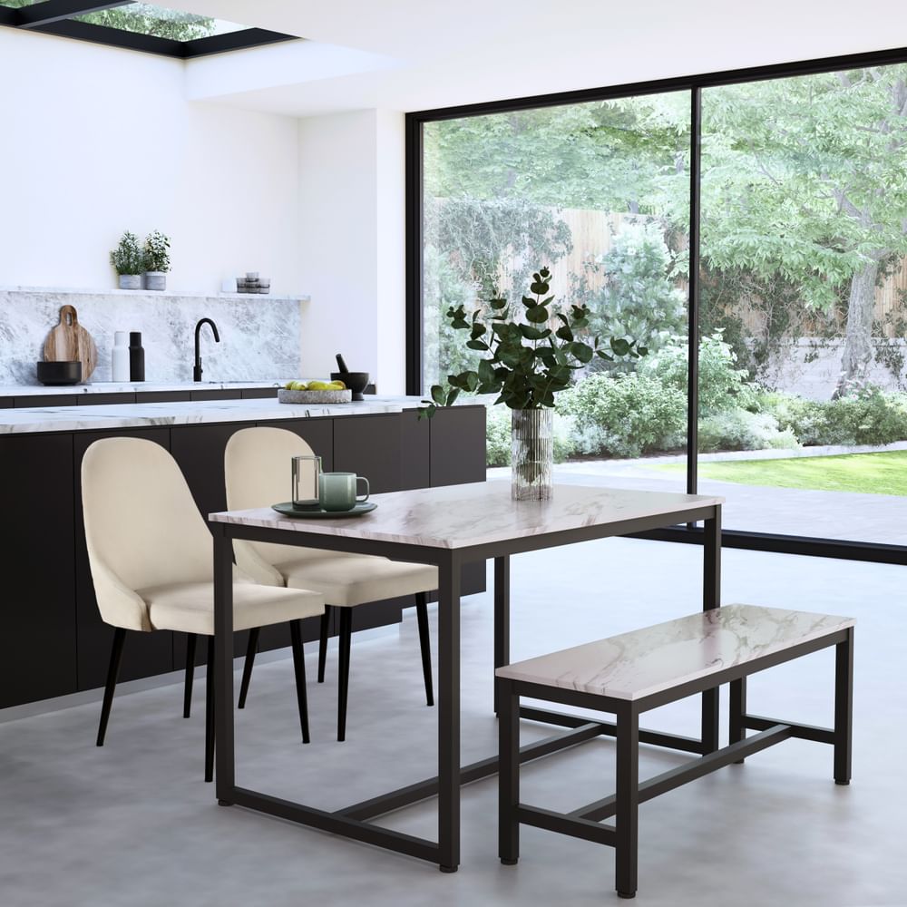Avenue Dining Table, Bench & 2 Ricco Chairs, Grey Marble Effect & Black Steel, Ivory Classic Plush Fabric, 120cm