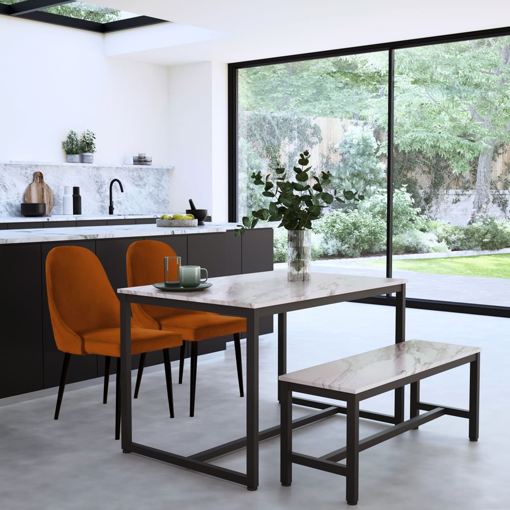 Avenue Dining Table, Bench & 2 Ricco Chairs, Grey Marble Effect & Black Steel, Burnt Orange Classic Velvet, 120cm