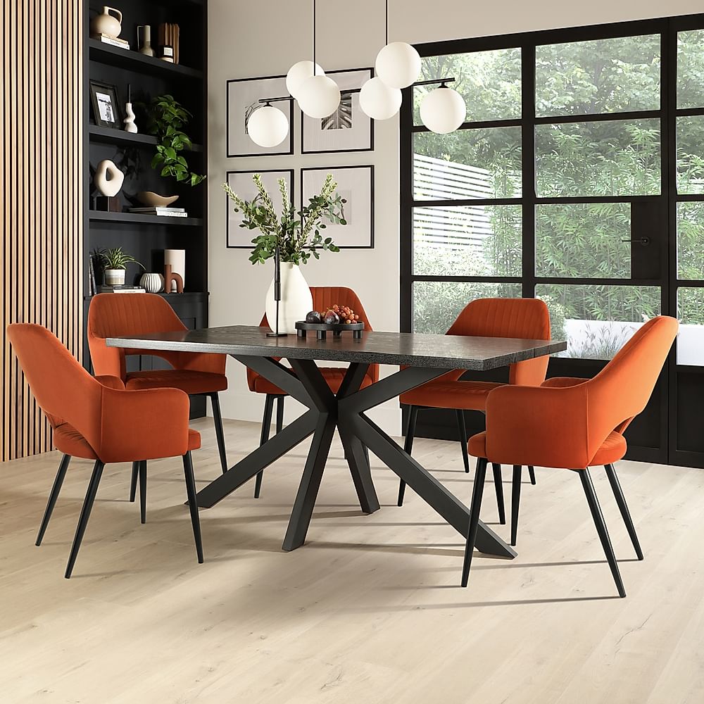 Madison Dining Table & 6 Clara Chairs, Black Oak Effect & Black Steel, Burnt Orange Classic Velvet, 160cm