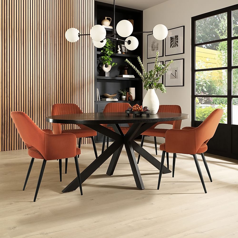 Madison Oval Dining Table & 6 Clara Chairs, Black Oak Effect & Black Steel, Burnt Orange Classic Velvet, 180cm