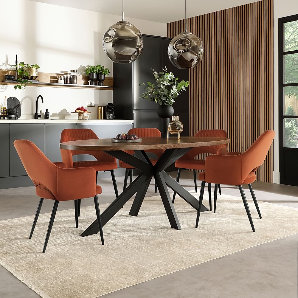 Madison Oval Industrial Dining Table & 4 Clara Chairs, Walnut Effect & Black Steel, Burnt Orange Classic Velvet, 180cm