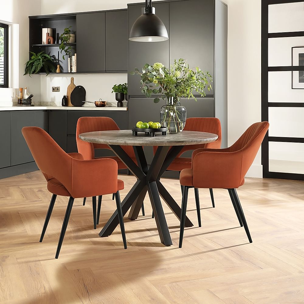 Newark Round Industrial Dining Table & 4 Clara Chairs, Grey Concrete Effect & Black Steel, Burnt Orange Classic Velvet, 110cm