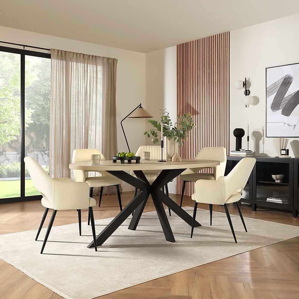 Madison Oval Dining Table & 4 Clara Chairs, Light Oak Effect & Black Steel, Ivory Classic Plush Fabric, 180cm