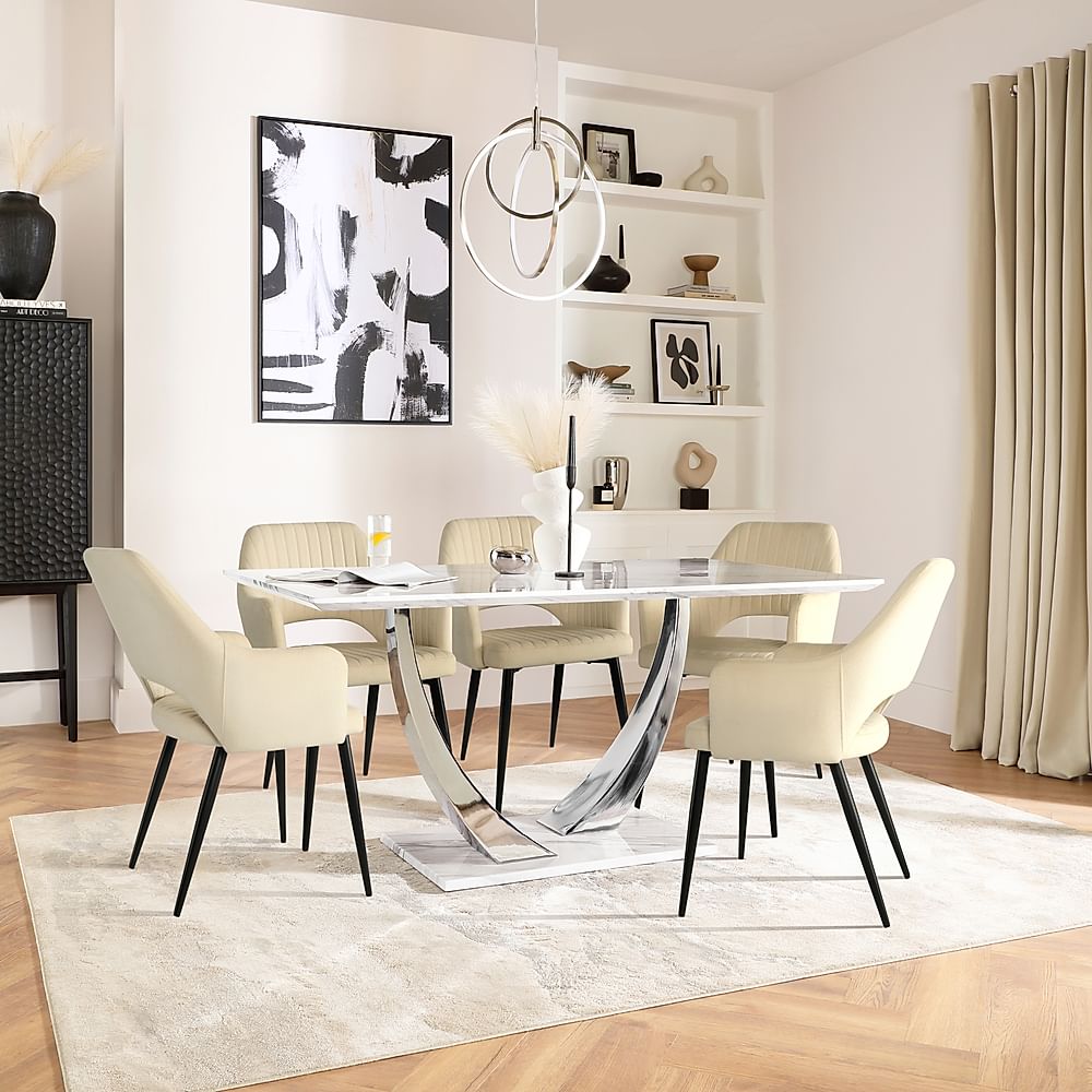 Peake Dining Table & 4 Clara Chairs, White Marble Effect & Chrome, Ivory Classic Plush Fabric & Black Steel, 160cm