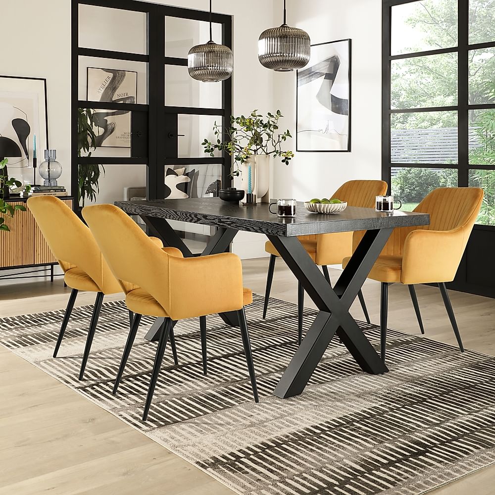 Franklin Dining Table & 4 Clara Chairs, Black Oak Effect & Black Steel, Mustard Classic Velvet, 150cm