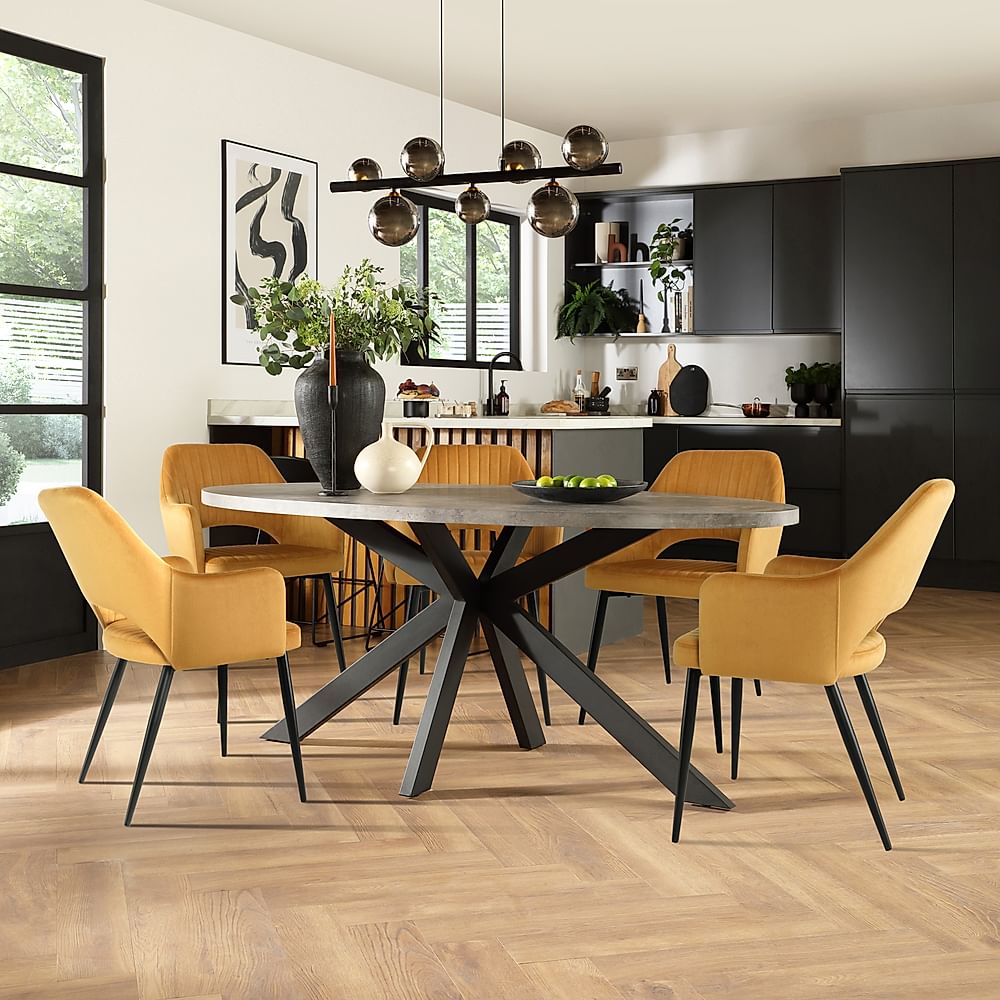 Madison Oval Industrial Dining Table & 4 Clara Chairs, Grey Concrete Effect & Black Steel, Mustard Classic Velvet, 180cm
