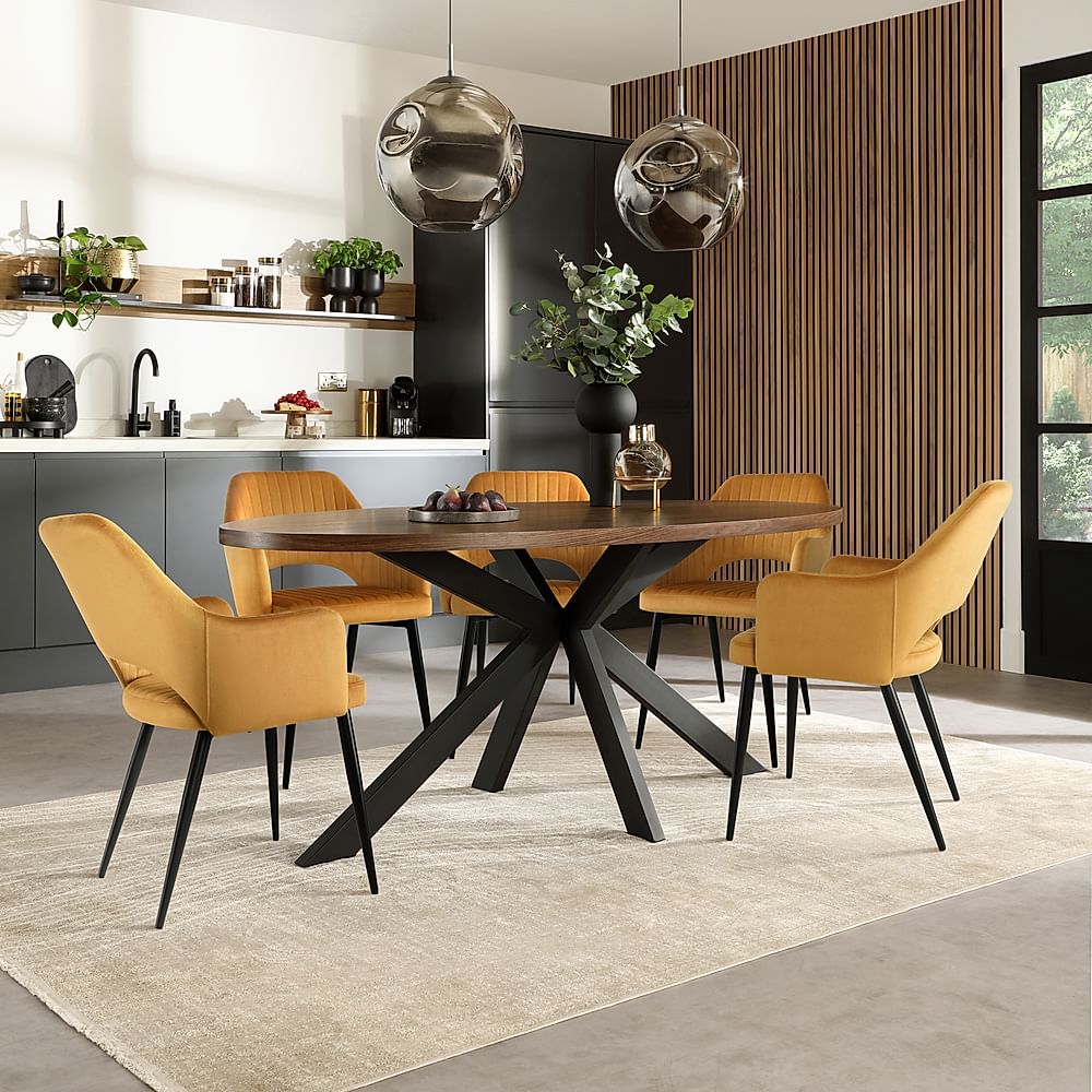 Madison Oval Industrial Dining Table & 6 Clara Chairs, Walnut Effect & Black Steel, Mustard Classic Velvet, 180cm