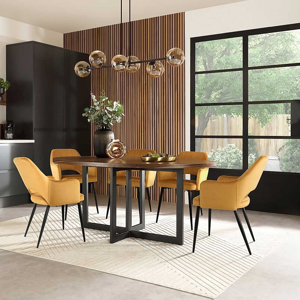 Newbury Oval Industrial Dining Table & 6 Clara Chairs, Walnut Effect & Black Steel, Mustard Classic Velvet, 180cm