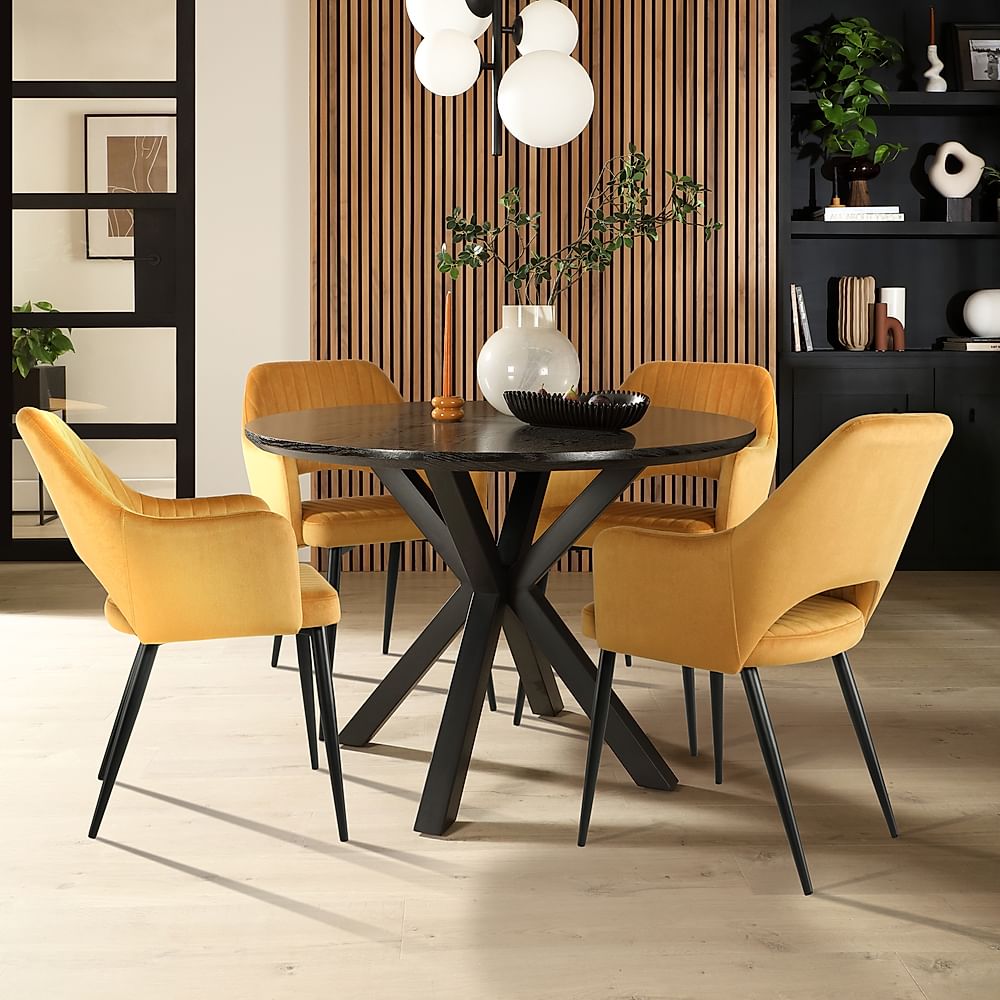 Newark Round Dining Table & 4 Clara Chairs, Black Oak Effect & Black Steel, Mustard Classic Velvet, 110cm